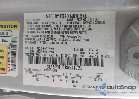 2019 Ford Fusion Hybrid Se from USA, damaged, VIN 3FA6P0LU1KR241725